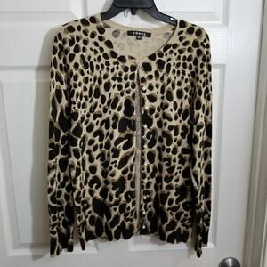 Chaus ocelot animal‎ print sweater cardigan pearl Button Women's Size medium